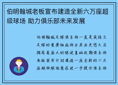 伯明翰城老板宣布建造全新六万座超级球场 助力俱乐部未来发展