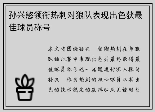 孙兴慜领衔热刺对狼队表现出色获最佳球员称号